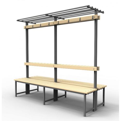 Скамейка для раздевалок с вешалкой и полкой двойная с пластиковыми рейками SRVPD 150/75/182 1,5 метра - Екатеринбургспорт ру спорттовары в Екатеринбурге